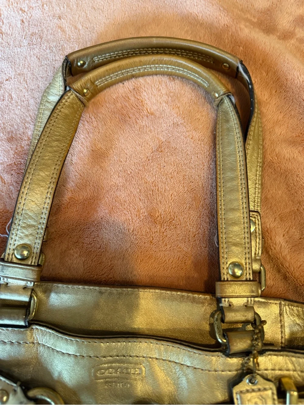 Coach Brown Signature Canvas Shoulder Bag with Metallic Trim